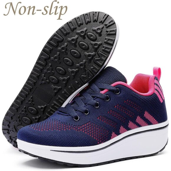 Wuiwuiyu Womens Blue Athletic Sport Wedge Platform Mesh Lace Up Rocker Sneakers - Picture 6 of 7
